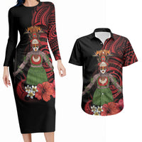 Huli Wigmen Tribe Hela Province Couples Matching Long Sleeve Bodycon Dress and Hawaiian Shirt Papua New Guinea Indigenous Pattern LT9 Black - Polynesian Pride
