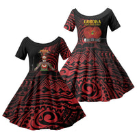 Huli Wigmen Tribe Hela Province Family Matching Off The Shoulder Long Sleeve Dress and Hawaiian Shirt Papua New Guinea Indigenous Pattern LT9 Daughter's Dress Black - Polynesian Pride