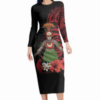 Huli Wigmen Tribe Hela Province Long Sleeve Bodycon Dress Papua New Guinea Indigenous Pattern LT9 Long Dress Black - Polynesian Pride