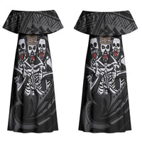 Skeleton Tribe Simbu Province Couples Matching Off Shoulder Maxi Dress and Long Sleeve Button Shirt Papua New Guinea Indigenous Pattern LT9 - Polynesian Pride