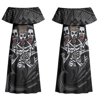 Skeleton Tribe Simbu Province Family Matching Off Shoulder Maxi Dress and Hawaiian Shirt Papua New Guinea Indigenous Pattern LT9 Mom's Dress Black - Polynesian Pride