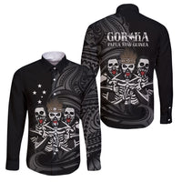 Skeleton Tribe Simbu Province Family Matching Off Shoulder Maxi Dress and Hawaiian Shirt Papua New Guinea Indigenous Pattern LT9 Dad's Shirt - Long Sleeve Black - Polynesian Pride