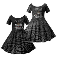 Skeleton Tribe Simbu Province Family Matching Off Shoulder Short Dress and Hawaiian Shirt Papua New Guinea Indigenous Pattern LT9 Daughter's Dress Black - Polynesian Pride