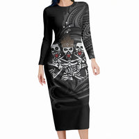 Skeleton Tribe Simbu Province Long Sleeve Bodycon Dress Papua New Guinea Indigenous Pattern LT9 Long Dress Black - Polynesian Pride