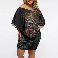 Mokomoko Tribe Eastern Highlands Province Off Shoulder Short Dress Papua New Guinea Indigenous Pattern LT9 Women Black - Polynesian Pride