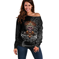 Mokomoko Tribe Eastern Highlands Province Off Shoulder Sweater Papua New Guinea Indigenous Pattern LT9 Women Black - Polynesian Pride
