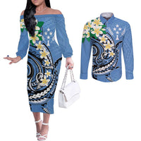FSM Kosrae Polynesian Shark Tattoo Personalised Couples Matching Off The Shoulder Long Sleeve Dress and Long Sleeve Button Shirt LT9 Blue - Polynesian Pride