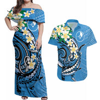 FSM Yap State Polynesian Shark Tattoo Personalised Couples Matching Off Shoulder Maxi Dress and Hawaiian Shirt LT9 Blue - Polynesian Pride