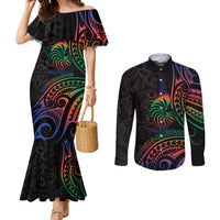 New Caledonia Polynesian Tatoo Personalised Couples Matching Mermaid Dress and Long Sleeve Button Shirt LT9 Black - Polynesian Pride