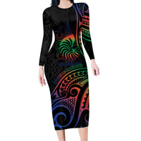 New Caledonia Polynesian Tatoo Personalised Family Matching Long Sleeve Bodycon Dress and Hawaiian Shirt LT9 Mom's Dress Black - Polynesian Pride