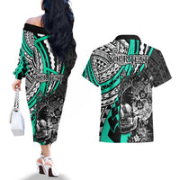 Personalised Polynesia Skull Couples Matching Off The Shoulder Long Sleeve Dress and Hawaiian Shirt Tattoo In The Style Of Maori With Marine Life Aqua LT9 - Polynesian Pride