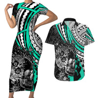 Personalised Polynesia Skull Couples Matching Short Sleeve Bodycon Dress and Hawaiian Shirt Tattoo In The Style Of Maori With Marine Life Aqua LT9 Aqua - Polynesian Pride