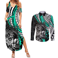 Personalised Polynesia Skull Couples Matching Summer Maxi Dress and Long Sleeve Button Shirts Tattoo In The Style Of Maori With Marine Life Aqua LT9 Aqua - Polynesian Pride