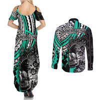 Personalised Polynesia Skull Couples Matching Summer Maxi Dress and Long Sleeve Button Shirts Tattoo In The Style Of Maori With Marine Life Aqua LT9 - Polynesian Pride