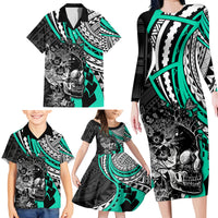 Personalised Polynesia Skull Family Matching Long Sleeve Bodycon Dress and Hawaiian Shirt Tattoo In The Style Of Maori With Marine Life Aqua LT9 - Polynesian Pride