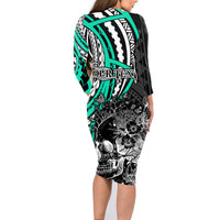 Personalised Polynesia Skull Family Matching Long Sleeve Bodycon Dress and Hawaiian Shirt Tattoo In The Style Of Maori With Marine Life Aqua LT9 - Polynesian Pride