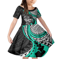 Personalised Polynesia Skull Family Matching Mermaid Dress and Hawaiian Shirt Tattoo In The Style Of Maori With Marine Life Aqua LT9 Daughter's Dress Aqua - Polynesian Pride