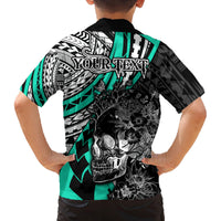 Personalised Polynesia Skull Family Matching Off Shoulder Maxi Dress and Hawaiian Shirt Tattoo In The Style Of Maori With Marine Life Aqua LT9 - Polynesian Pride