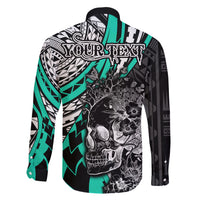 Personalised Polynesia Skull Family Matching Short Sleeve Bodycon Dress and Hawaiian Shirt Tattoo In The Style Of Maori With Marine Life Aqua LT9 - Polynesian Pride