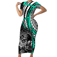 Personalised Polynesia Skull Family Matching Short Sleeve Bodycon Dress and Hawaiian Shirt Tattoo In The Style Of Maori With Marine Life Aqua LT9 Mom's Dress Aqua - Polynesian Pride