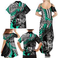 Personalised Polynesia Skull Family Matching Summer Maxi Dress and Hawaiian Shirt Tattoo In The Style Of Maori With Marine Life Aqua LT9 - Polynesian Pride
