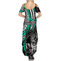 Personalised Polynesia Skull Family Matching Summer Maxi Dress and Hawaiian Shirt Tattoo In The Style Of Maori With Marine Life Aqua LT9 - Polynesian Pride