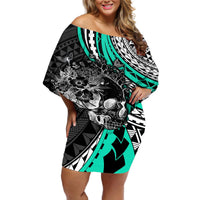 Personalised Polynesia Skull Off Shoulder Short Dress Tattoo In The Style Of Maori With Marine Life Aqua LT9 Women Aqua - Polynesian Pride