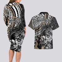 Personalised Polynesia Skull Couples Matching Long Sleeve Bodycon Dress and Hawaiian Shirt Tattoo In The Style Of Maori With Marine Life Gold LT9 - Polynesian Pride
