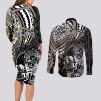 Personalised Polynesia Skull Couples Matching Long Sleeve Bodycon Dress and Long Sleeve Button Shirts Tattoo In The Style Of Maori With Marine Life Gold LT9 - Polynesian Pride