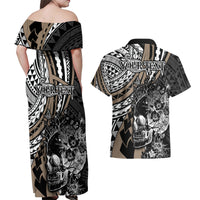 Personalised Polynesia Skull Couples Matching Off Shoulder Maxi Dress and Hawaiian Shirt Tattoo In The Style Of Maori With Marine Life Gold LT9 - Polynesian Pride