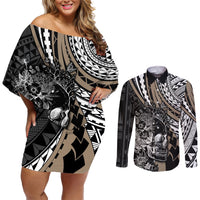 Personalised Polynesia Skull Couples Matching Off Shoulder Short Dress and Long Sleeve Button Shirts Tattoo In The Style Of Maori With Marine Life Gold LT9 Gold - Polynesian Pride