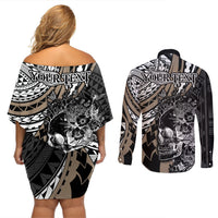 Personalised Polynesia Skull Couples Matching Off Shoulder Short Dress and Long Sleeve Button Shirts Tattoo In The Style Of Maori With Marine Life Gold LT9 - Polynesian Pride