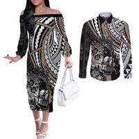 Personalised Polynesia Skull Couples Matching Off The Shoulder Long Sleeve Dress and Long Sleeve Button Shirts Tattoo In The Style Of Maori With Marine Life Gold LT9 Gold - Polynesian Pride
