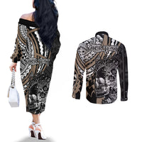 Personalised Polynesia Skull Couples Matching Off The Shoulder Long Sleeve Dress and Long Sleeve Button Shirts Tattoo In The Style Of Maori With Marine Life Gold LT9 - Polynesian Pride