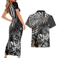 Personalised Polynesia Skull Couples Matching Short Sleeve Bodycon Dress and Hawaiian Shirt Tattoo In The Style Of Maori With Marine Life Gold LT9 - Polynesian Pride