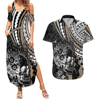 Personalised Polynesia Skull Couples Matching Summer Maxi Dress and Hawaiian Shirt Tattoo In The Style Of Maori With Marine Life Gold LT9 Gold - Polynesian Pride