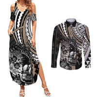 Personalised Polynesia Skull Couples Matching Summer Maxi Dress and Long Sleeve Button Shirts Tattoo In The Style Of Maori With Marine Life Gold LT9 Gold - Polynesian Pride