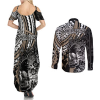 Personalised Polynesia Skull Couples Matching Summer Maxi Dress and Long Sleeve Button Shirts Tattoo In The Style Of Maori With Marine Life Gold LT9 - Polynesian Pride