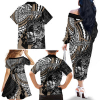 Personalised Polynesia Skull Family Matching Off Shoulder Long Sleeve Dress and Hawaiian Shirt Tattoo In The Style Of Maori With Marine Life Gold LT9 - Polynesian Pride