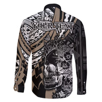 Personalised Polynesia Skull Family Matching Off Shoulder Long Sleeve Dress and Hawaiian Shirt Tattoo In The Style Of Maori With Marine Life Gold LT9 - Polynesian Pride