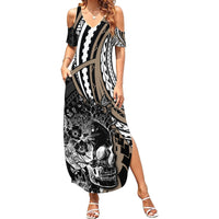 Personalised Polynesia Skull Family Matching Summer Maxi Dress and Hawaiian Shirt Tattoo In The Style Of Maori With Marine Life Gold LT9 Mom's Dress Gold - Polynesian Pride