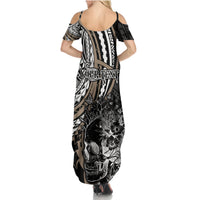 Personalised Polynesia Skull Family Matching Summer Maxi Dress and Hawaiian Shirt Tattoo In The Style Of Maori With Marine Life Gold LT9 - Polynesian Pride