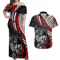 Personalised Polynesia Skull Couples Matching Off Shoulder Maxi Dress and Hawaiian Shirt Tattoo In The Style Of Maori With Marine Life Red LT9 Red - Polynesian Pride