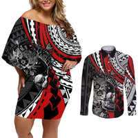 Personalised Polynesia Skull Couples Matching Off Shoulder Short Dress and Long Sleeve Button Shirts Tattoo In The Style Of Maori With Marine Life Red LT9 Red - Polynesian Pride