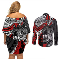 Personalised Polynesia Skull Couples Matching Off Shoulder Short Dress and Long Sleeve Button Shirts Tattoo In The Style Of Maori With Marine Life Red LT9 - Polynesian Pride