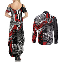 Personalised Polynesia Skull Couples Matching Summer Maxi Dress and Long Sleeve Button Shirts Tattoo In The Style Of Maori With Marine Life Red LT9 - Polynesian Pride