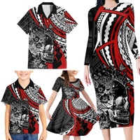 Personalised Polynesia Skull Family Matching Long Sleeve Bodycon Dress and Hawaiian Shirt Tattoo In The Style Of Maori With Marine Life Red LT9 - Polynesian Pride