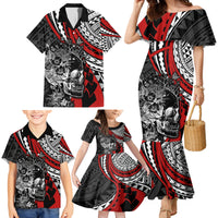 Personalised Polynesia Skull Family Matching Mermaid Dress and Hawaiian Shirt Tattoo In The Style Of Maori With Marine Life Red LT9 - Polynesian Pride
