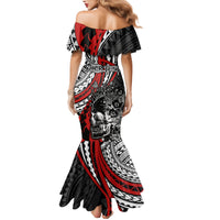 Personalised Polynesia Skull Family Matching Mermaid Dress and Hawaiian Shirt Tattoo In The Style Of Maori With Marine Life Red LT9 - Polynesian Pride