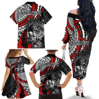Personalised Polynesia Skull Family Matching Off Shoulder Long Sleeve Dress and Hawaiian Shirt Tattoo In The Style Of Maori With Marine Life Red LT9 - Polynesian Pride